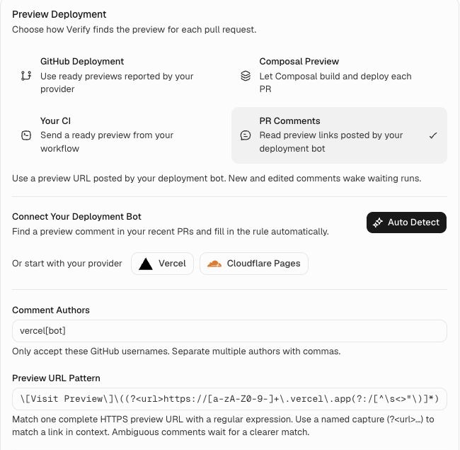 PR Comments selected, showing Auto Detect, Vercel and Cloudflare Pages presets, Comment Authors, and Preview URL Pattern.