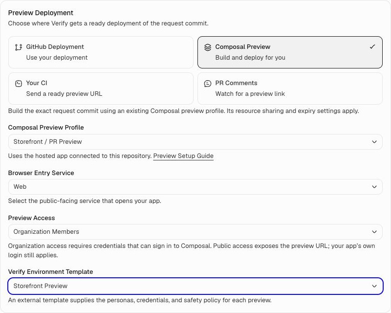 Composal Preview selected, with fields for the preview profile, browser entry service, preview access, and Verify environment template.