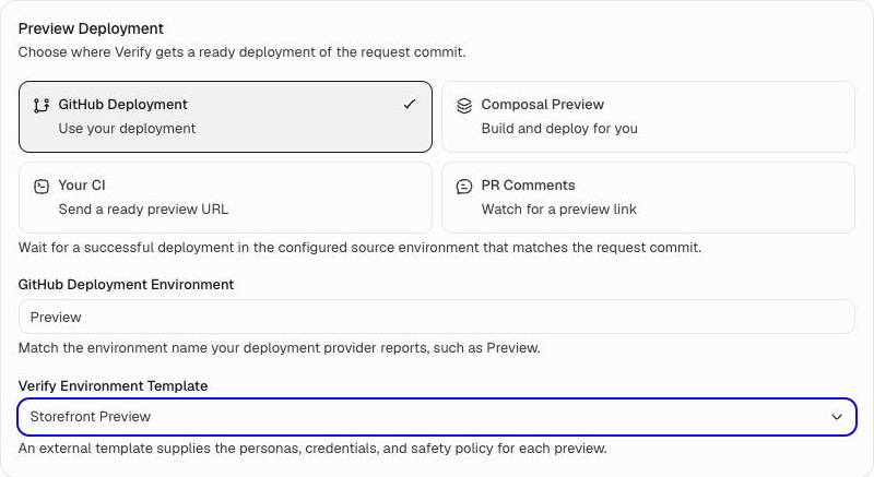 GitHub Deployment selected, with the deployment environment set to Preview and a Verify environment template selector.