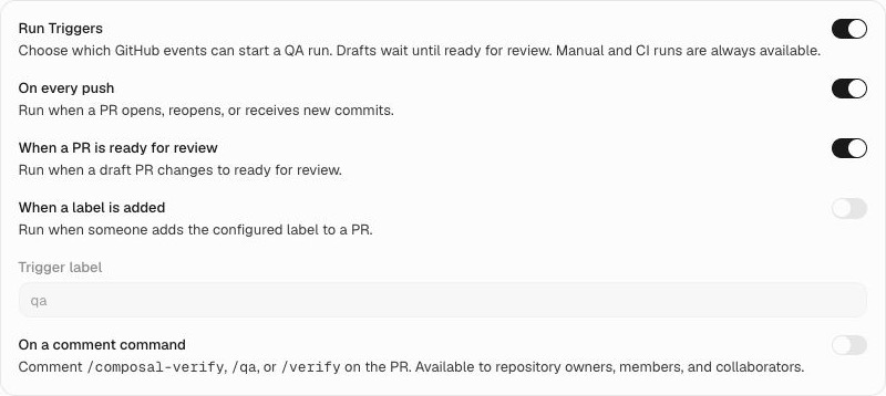 Run Triggers settings with push and ready-for-review triggers enabled, and optional label and comment-command triggers.
