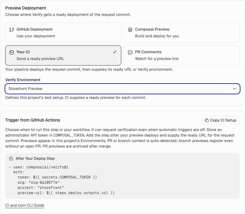 Your CI selected, with the Verify environment selector and the copyable GitHub Actions setup below it.